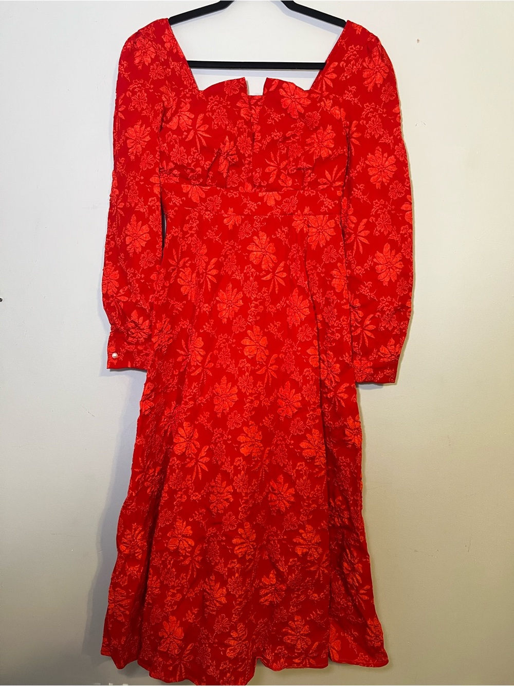 Red Floral Long Sleeve Midi Dress